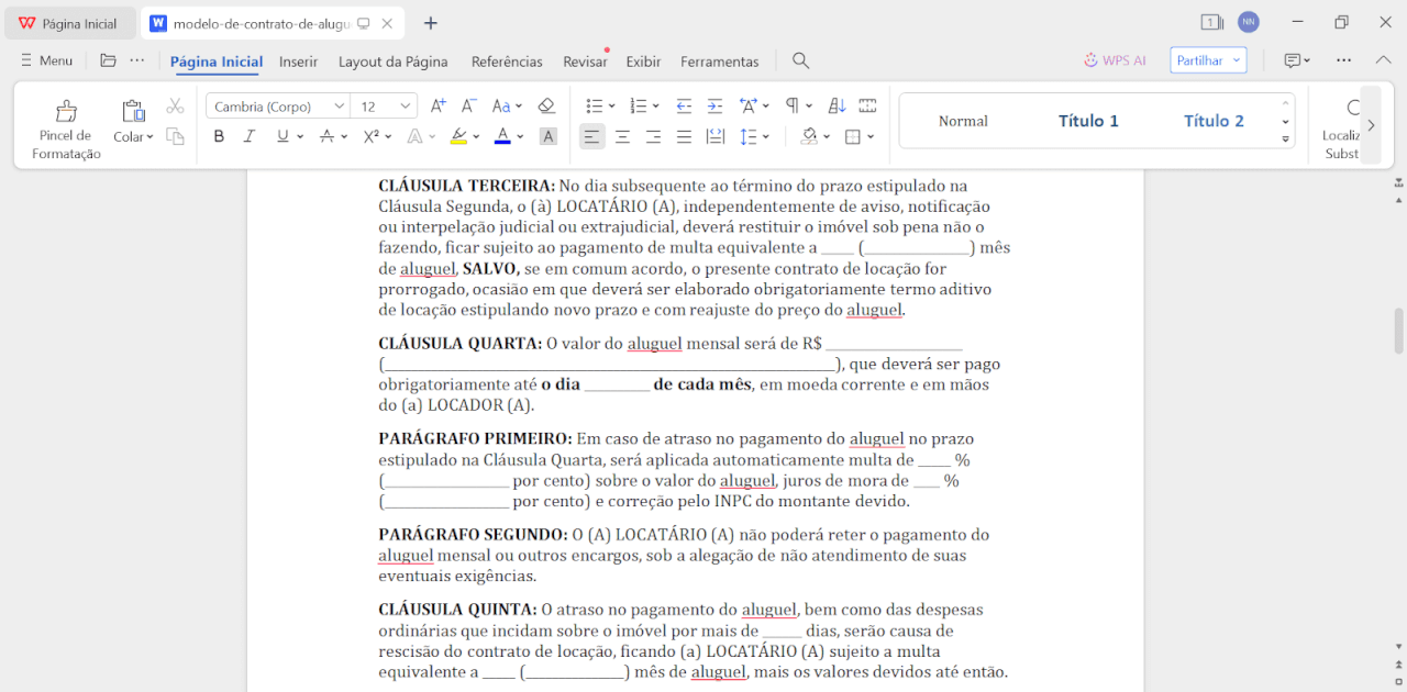 editando modelo de contrato no WPS Office