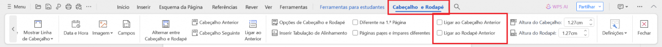 Opção Vincular ao Anterior na guia Cabeçalho/Rodapé