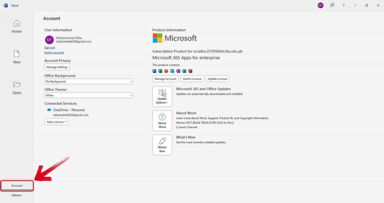 Microsoft Word'de Hesap sekmesini açın