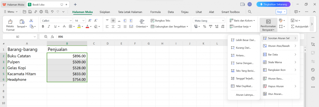 Aturan Sorot Sel WPS Spreadsheet