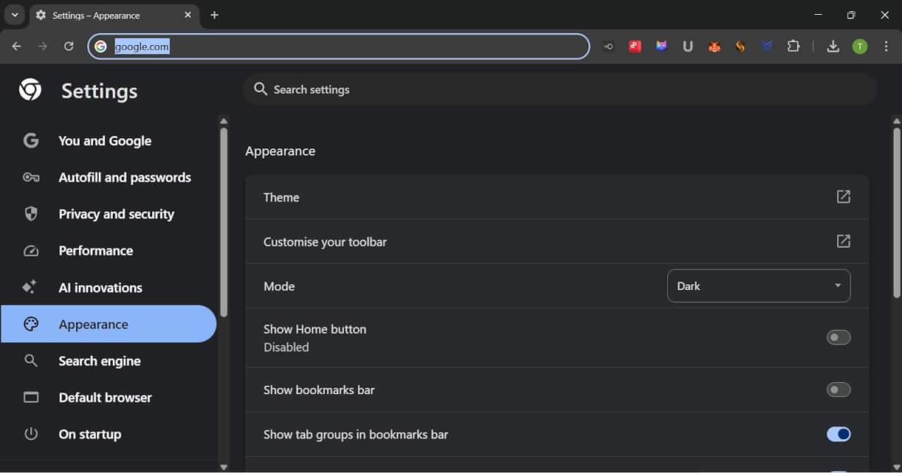 Chrome Dark mode-on