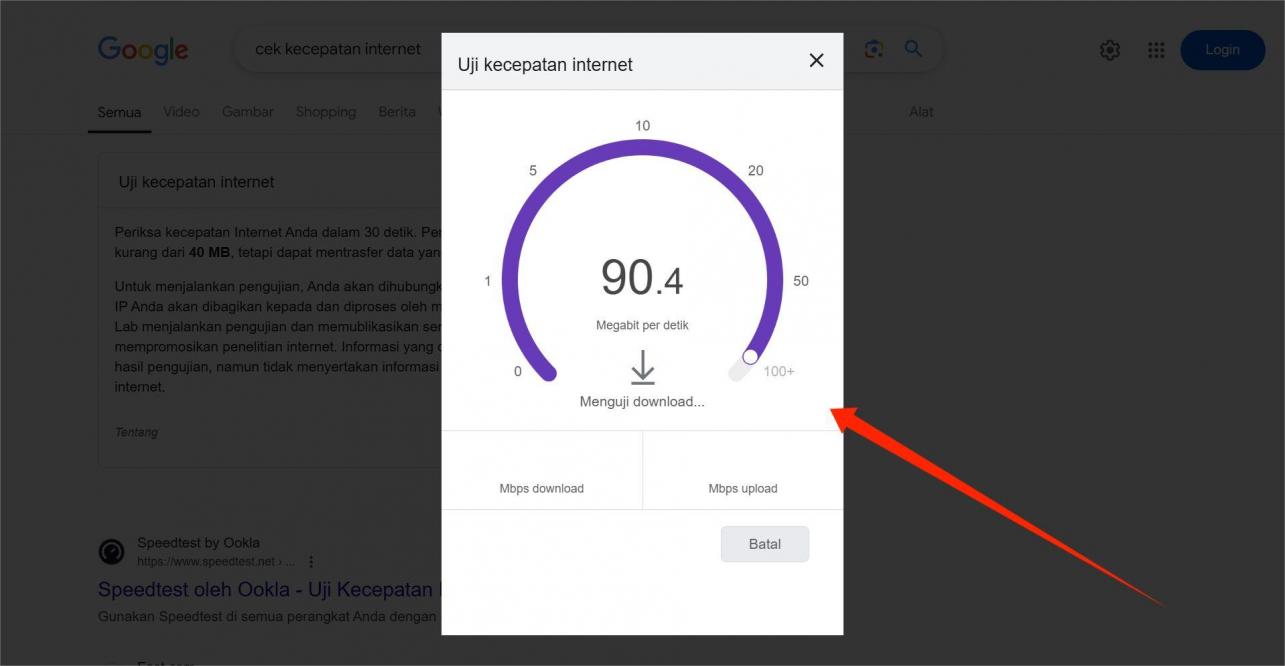 Tampilan pengecekan stabilitas koneksi internet