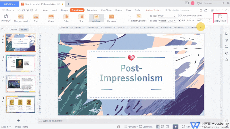 WPS Presentation slide transitions in free PowerPoint alternative