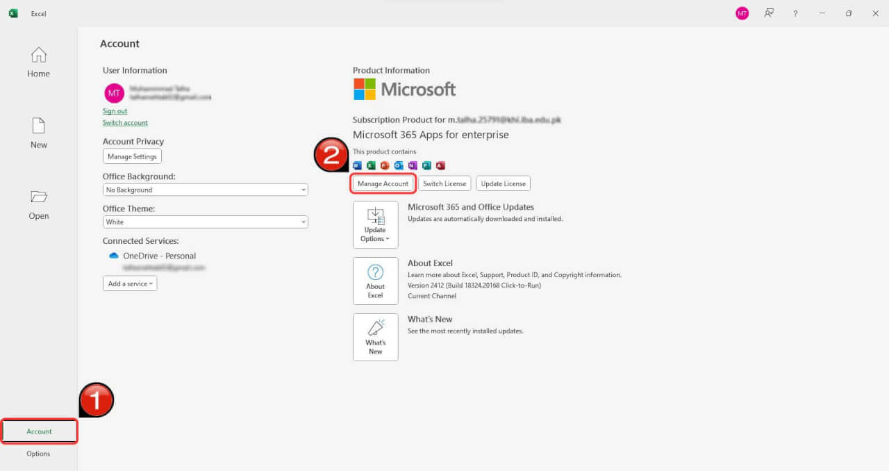 Microsoft Excel Konto verwalten