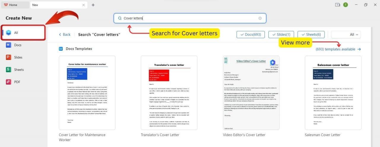 Search cover letter templates in WPS Office