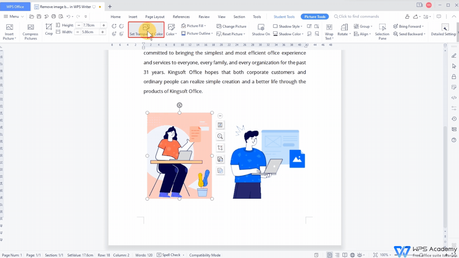 Xóa nền hình ảnh trong WPS Writer | WPS Office Academy: Bạn có thể dễ dàng xóa nền hình ảnh trong WPS Writer với chức năng mạnh mẽ này được giới thiệu trong WPS Office Academy. Với tính năng này, bạn có thể tạo ra tài liệu chuyên nghiệp và làm giảm bớt tính sao nhãng của nền hình ảnh. Điều này giúp cho người đọc tập trung vào thông điệp của bạn và tập trung vào nội dung chính của tài liệu. Hãy khám phá thêm các chức năng khác của WPS Office Academy để cải thiện kỹ năng thiết kế của bạn.