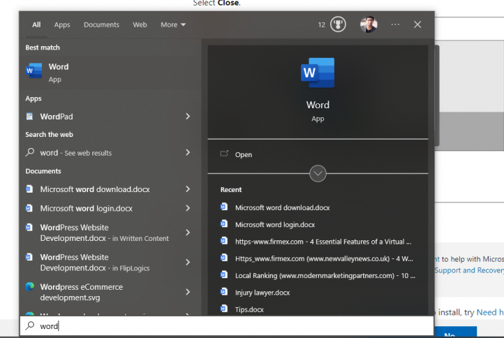 Pesquisar pelo MS Word na busca da barra de tarefas do Windows 10
