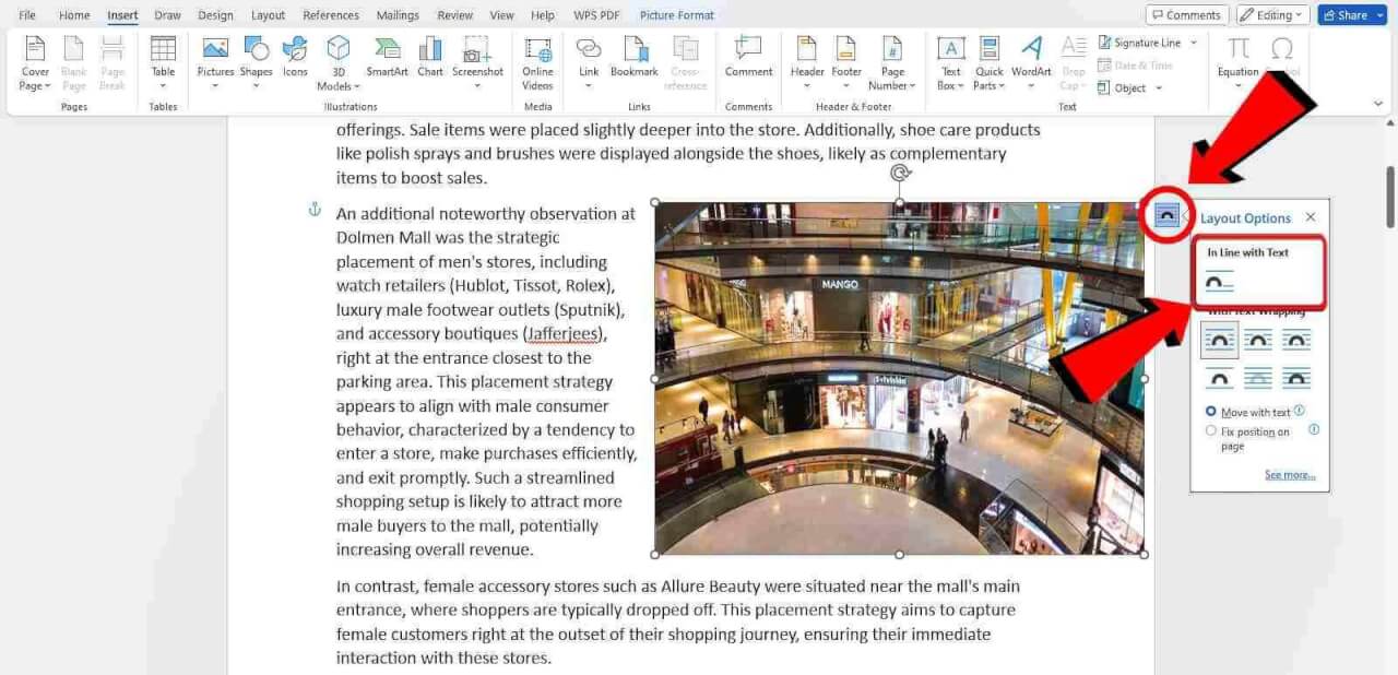 Opção de Layout Em Linha com o Texto do Microsoft Word