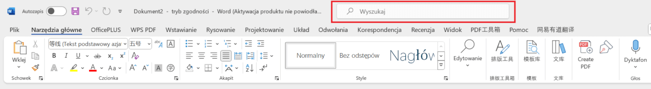 Pasek wyszukiwania w Microsoft Word obok różnych zakładek