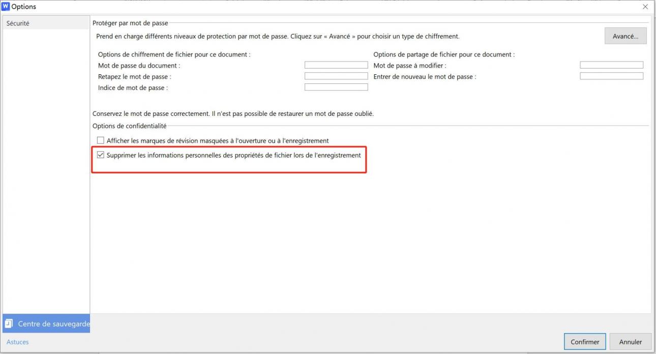 Options de confidentialité de WPS Office