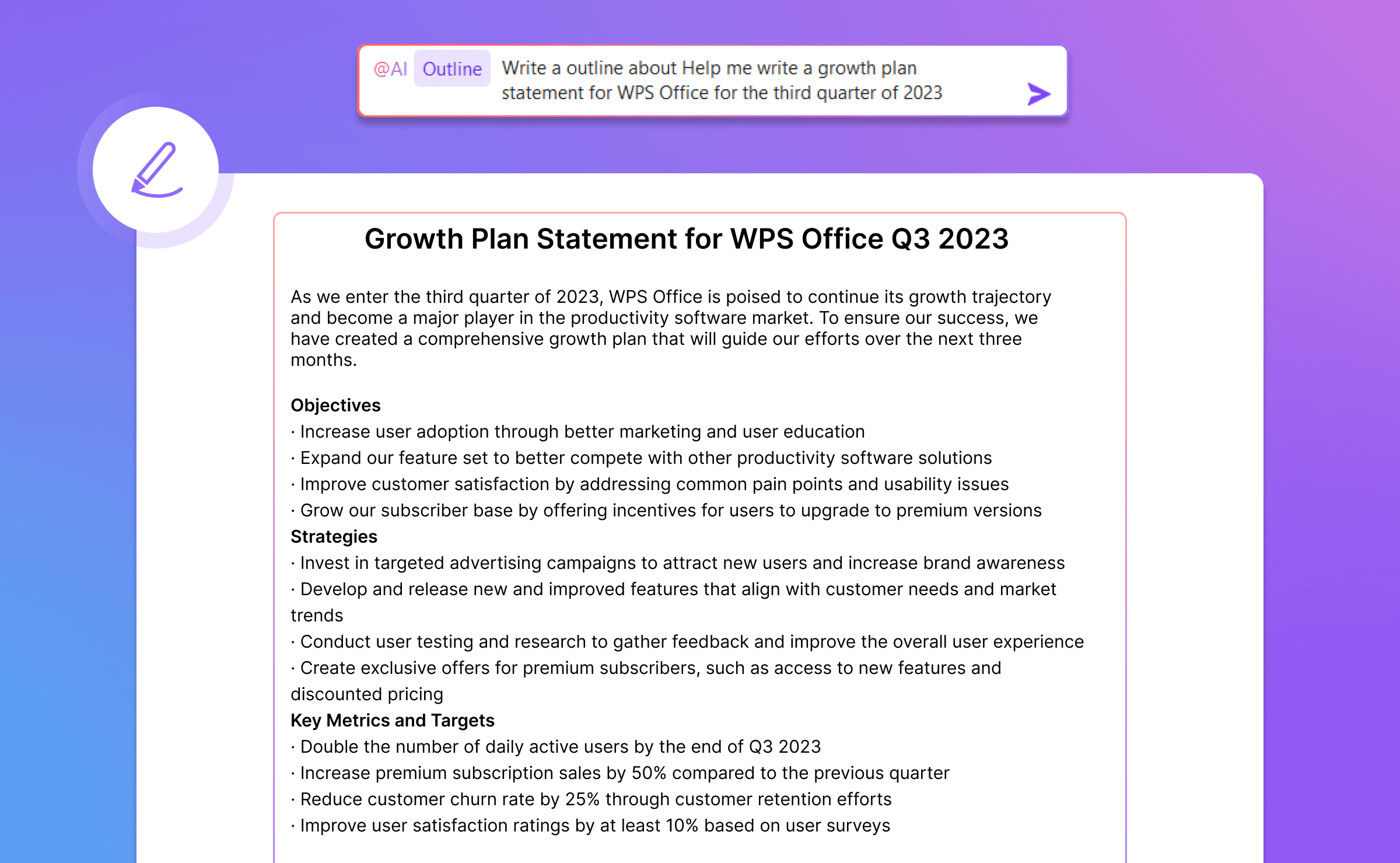 WPS AI Writer generating outlines, speeches, notes, and meeting minutes