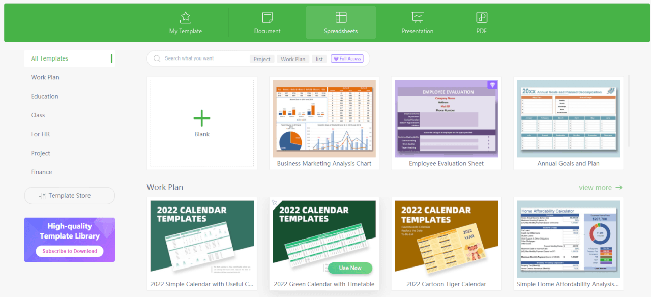 Interface utilisateur de la feuille de calcul WPS