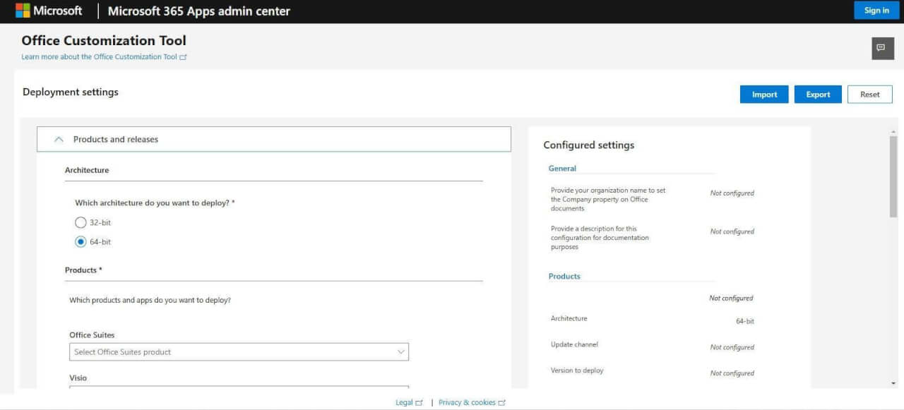 Office Deployment Settings Dashboard
