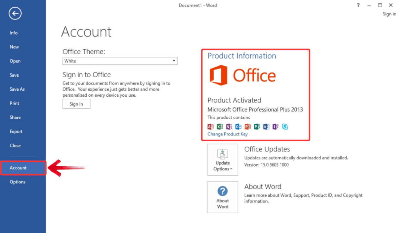 Ελέγξτε την κατάσταση ενεργοποίησης στο Office 2013
