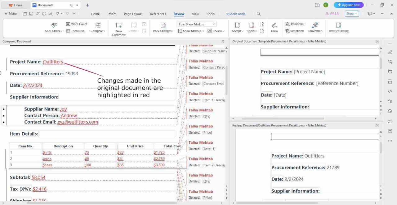 WPS Writer Changes made highlighted in the Compared Document