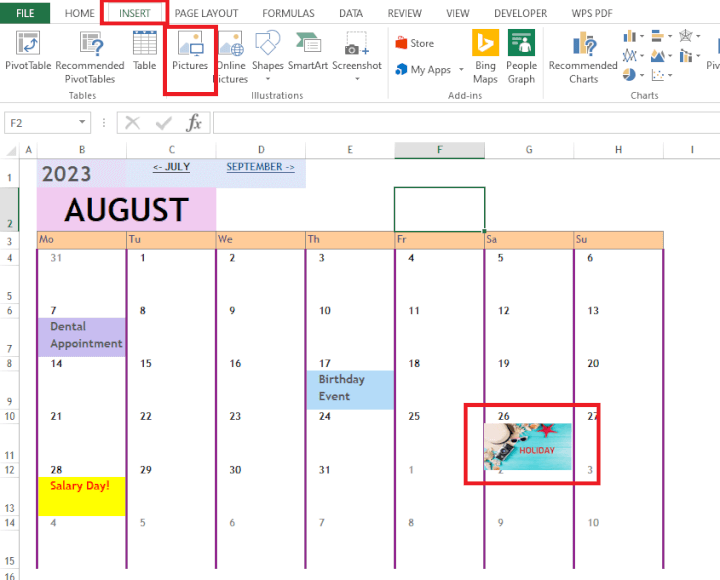 Excel Calendar insert images