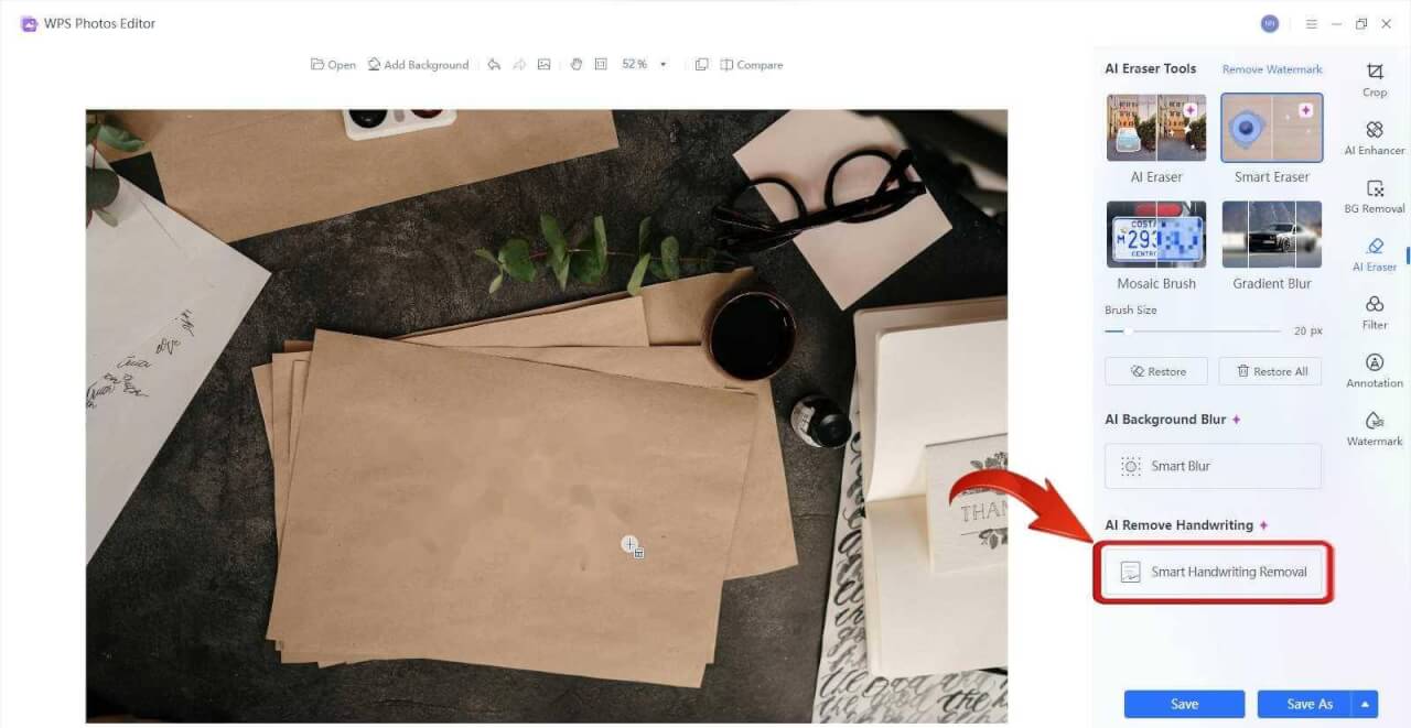 Ferramenta Inteligente de Remoção de Texto Manuscrito do WPS Fotos