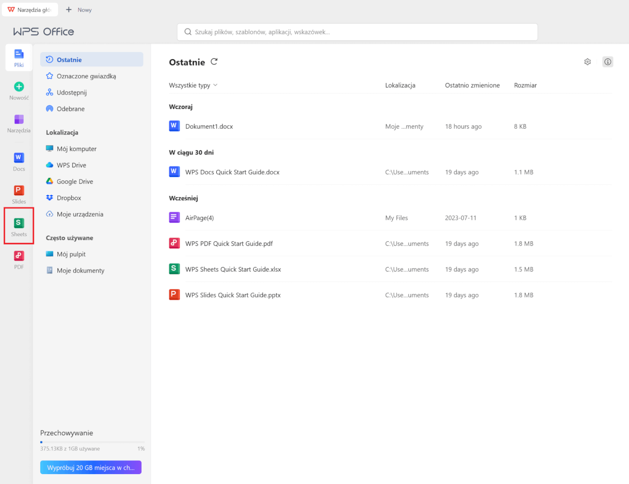 WPS Office desktop app with Spreadsheet selected