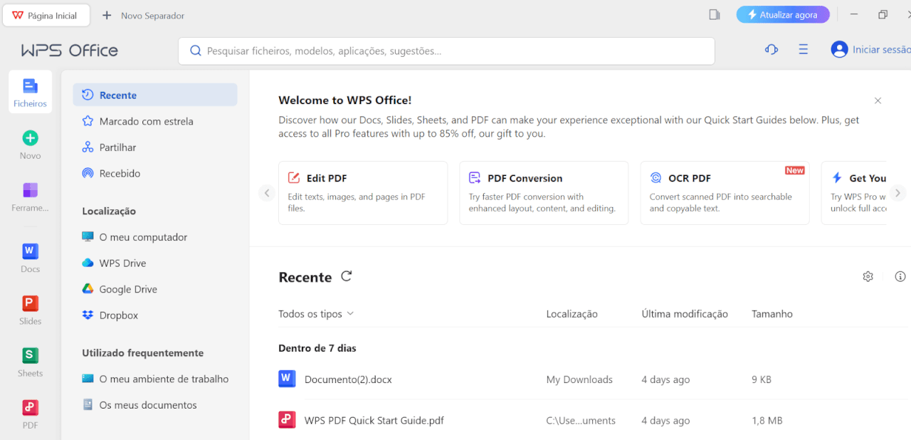tela inicial do WPS Office