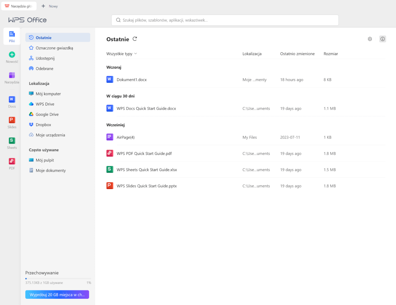 Otwarta aplikacja WPS Office na pulpicie