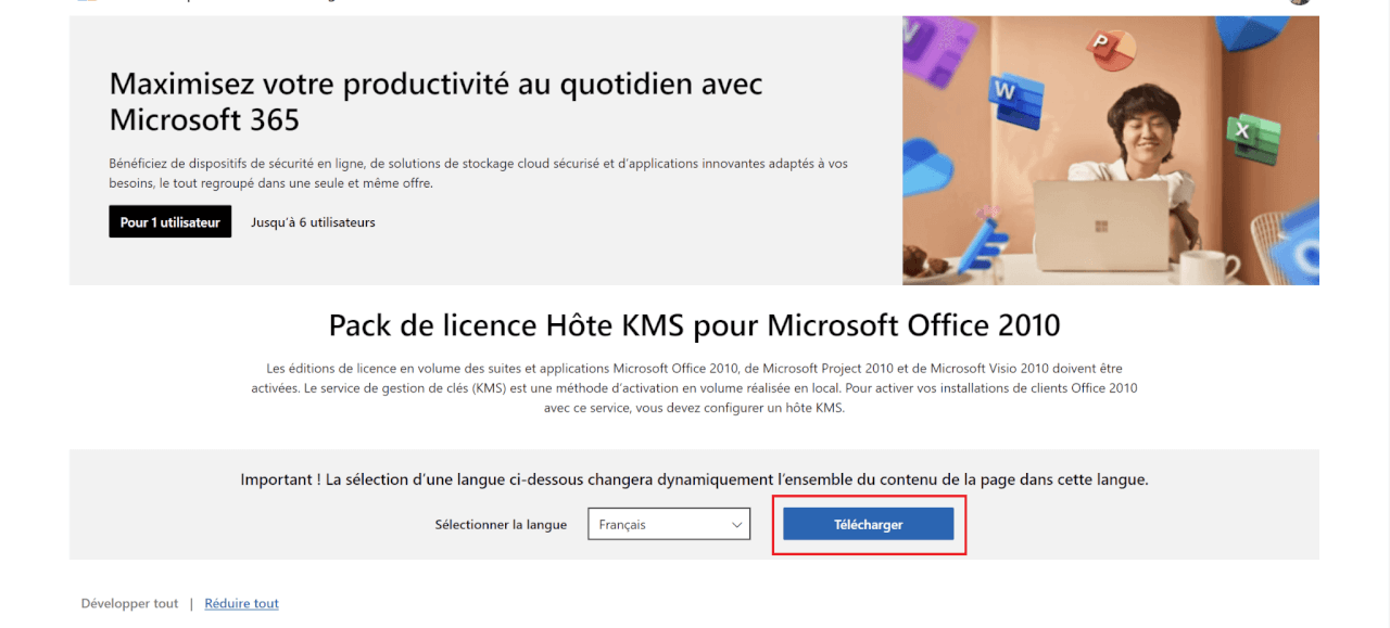 Téléchargement du pack de licences en volume Microsoft Office 2010