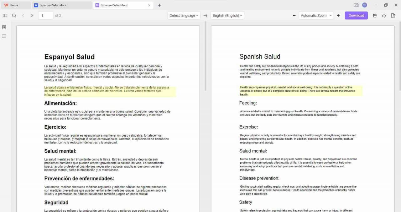 Função de Destaque do Texto Traduzido e Original no Escritor do WPS Office