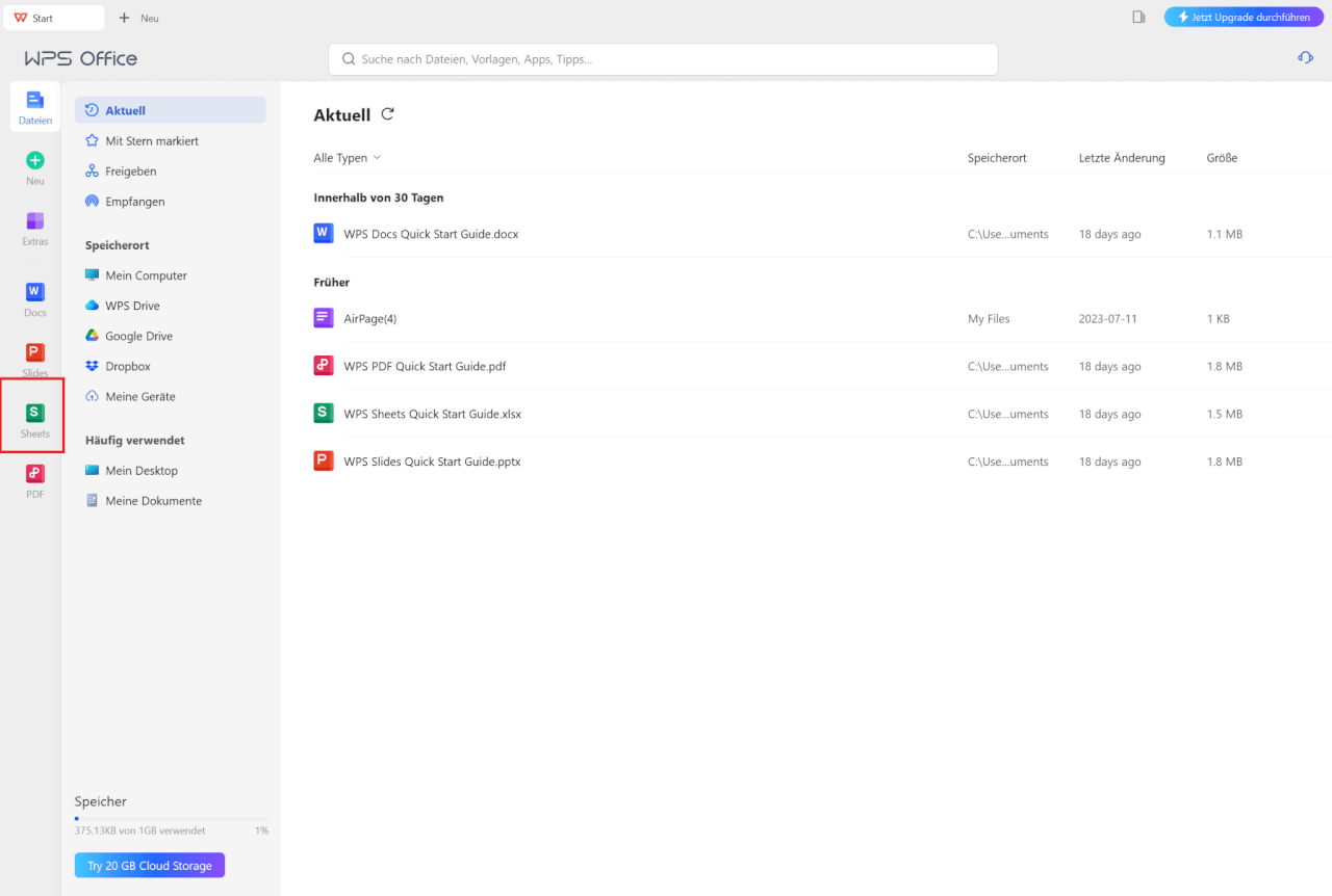 WPS Office Desktop-App mit Spreadsheet ausgewählt