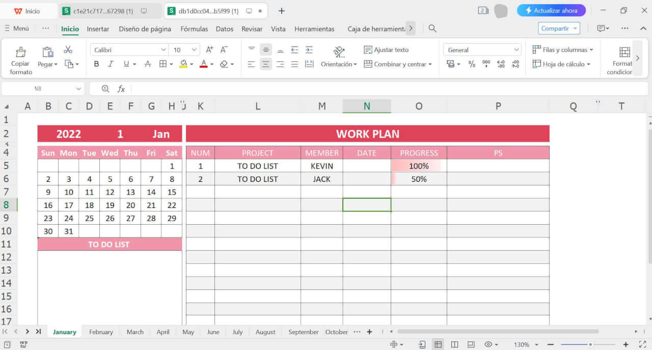 Calendario rojo con plan de trabajo
