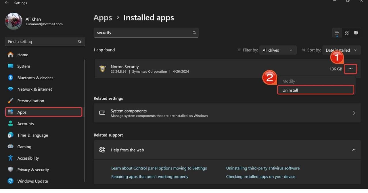 Uninstall App in Settings