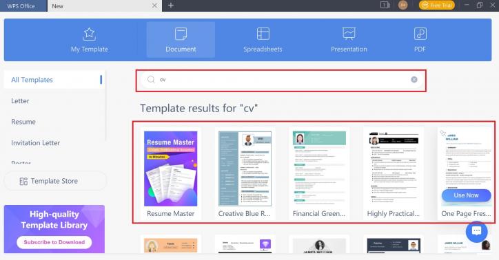 Different templates are available in WPS