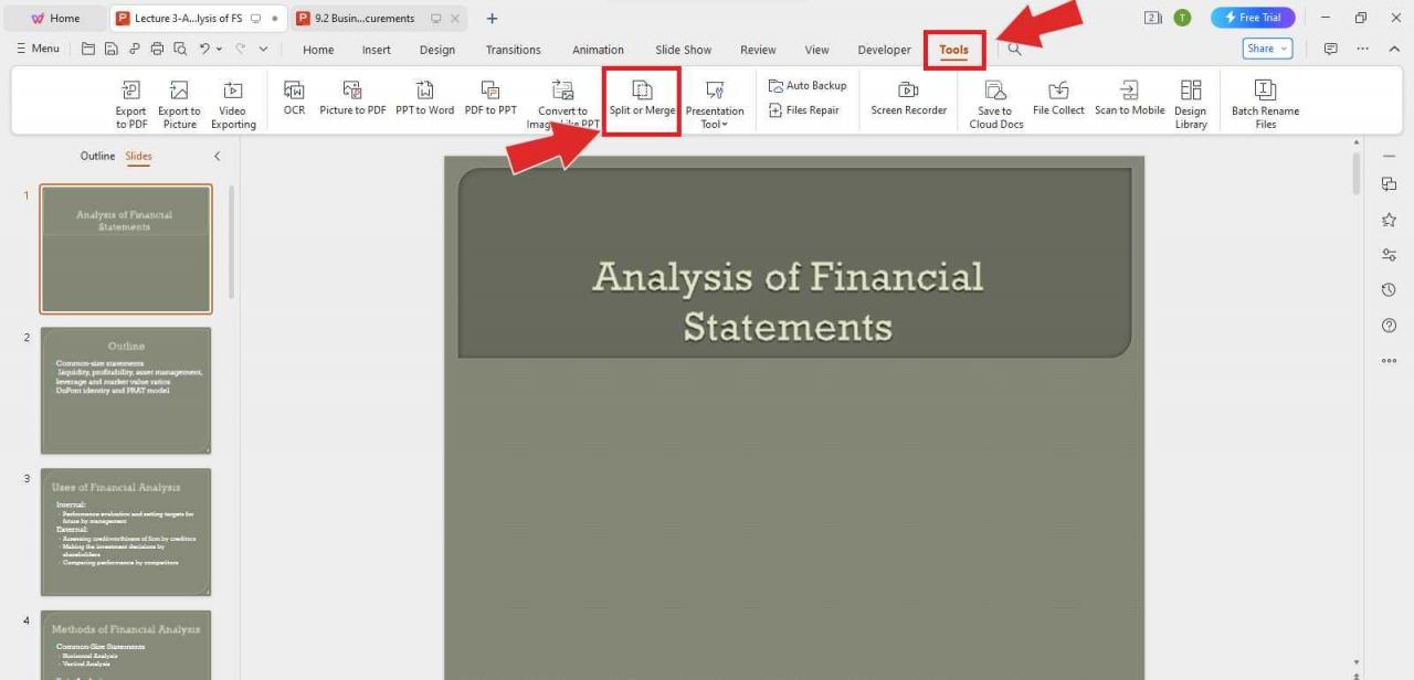 WPS Office Split or Merge option
