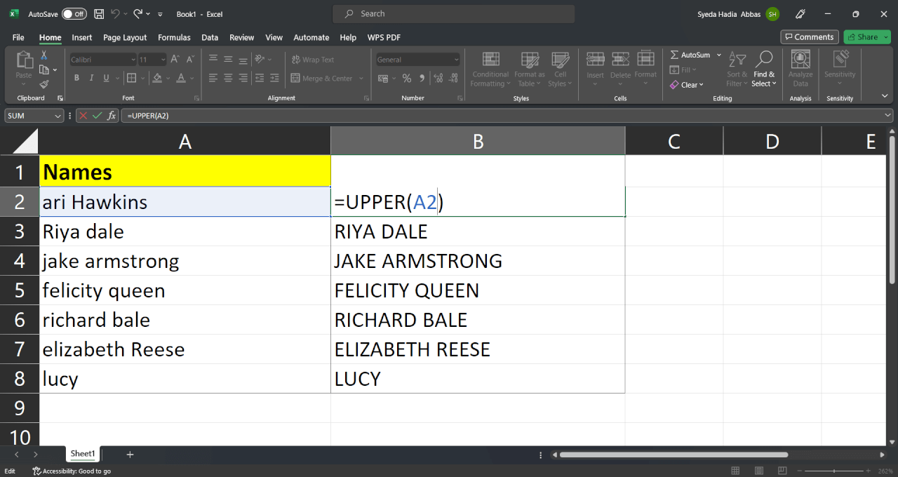 Atalho para maiúsculas no Excel usando fórmula no Excel 2013