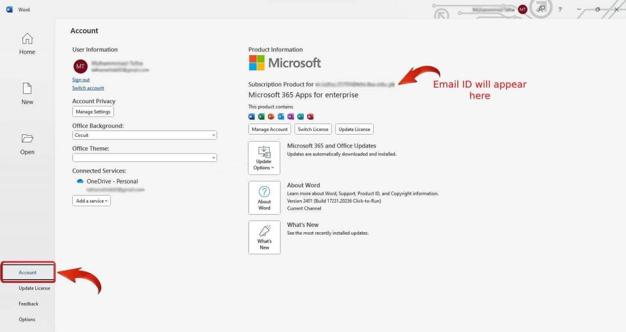 Microsoft Office verificar informações da conta no App