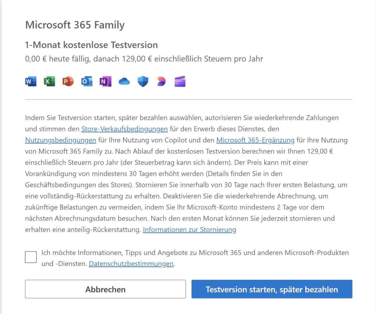 Bedingungen der Testversion als Übersicht bei MS