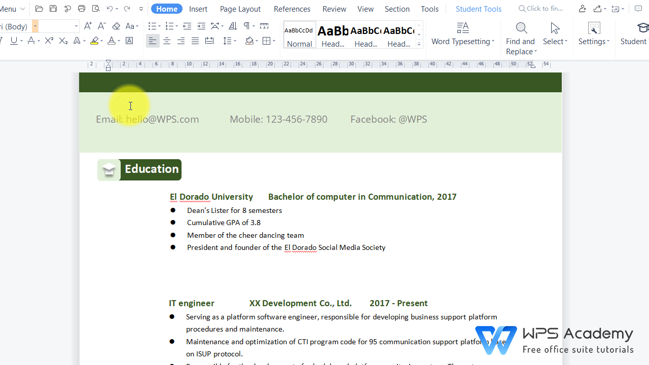 How to create a resume without a template in WPS Office Word WPS