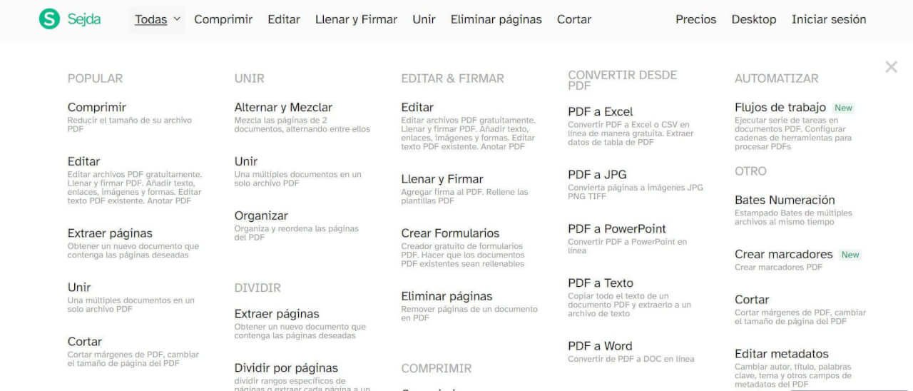 Funciones  de Sejda PDF