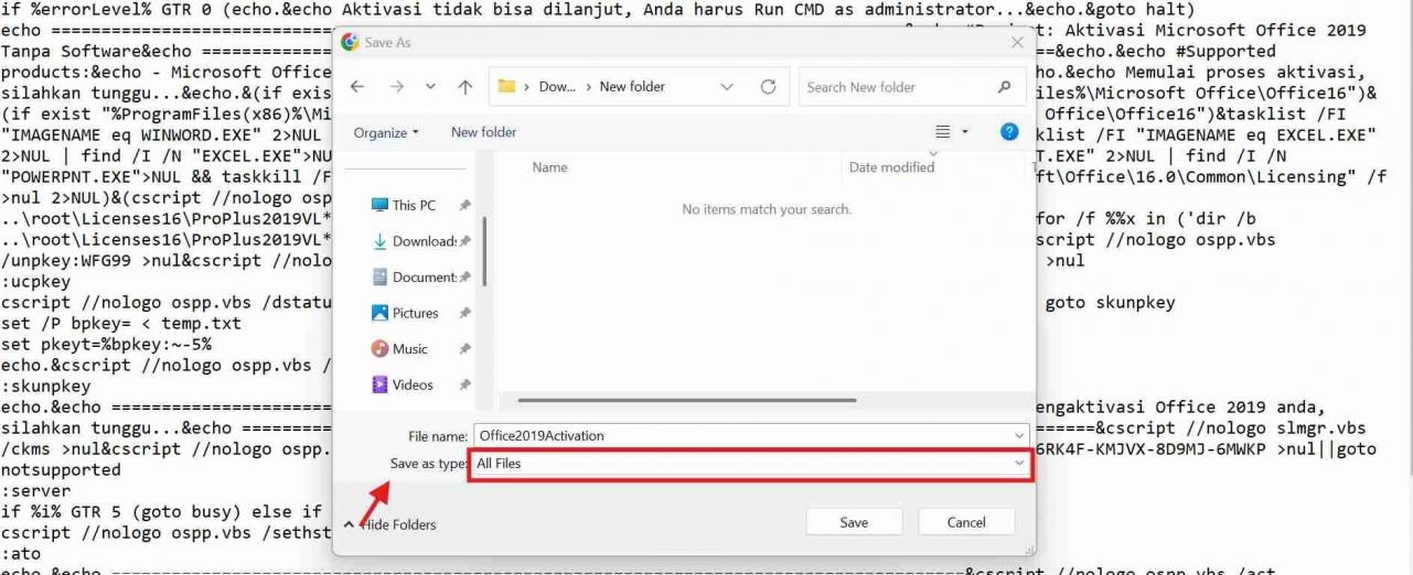 Tampilan saat mengubah jenis file