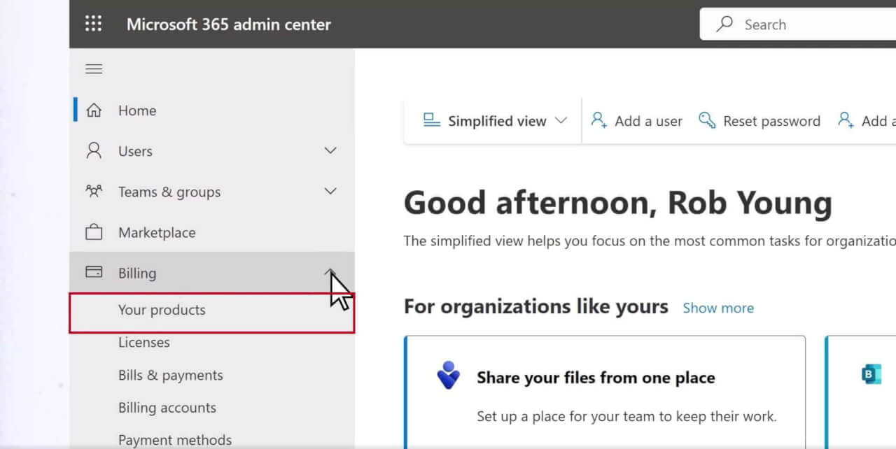 Microsoft 365 Admin Center navigation