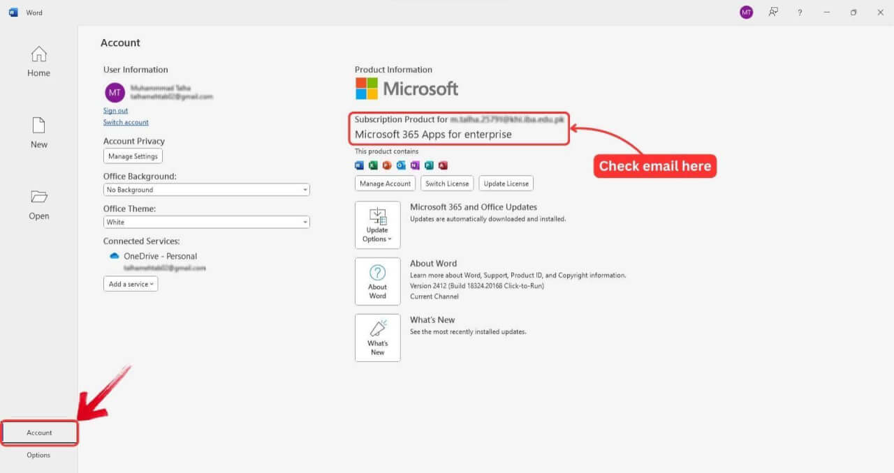 Microsoft Word Account details