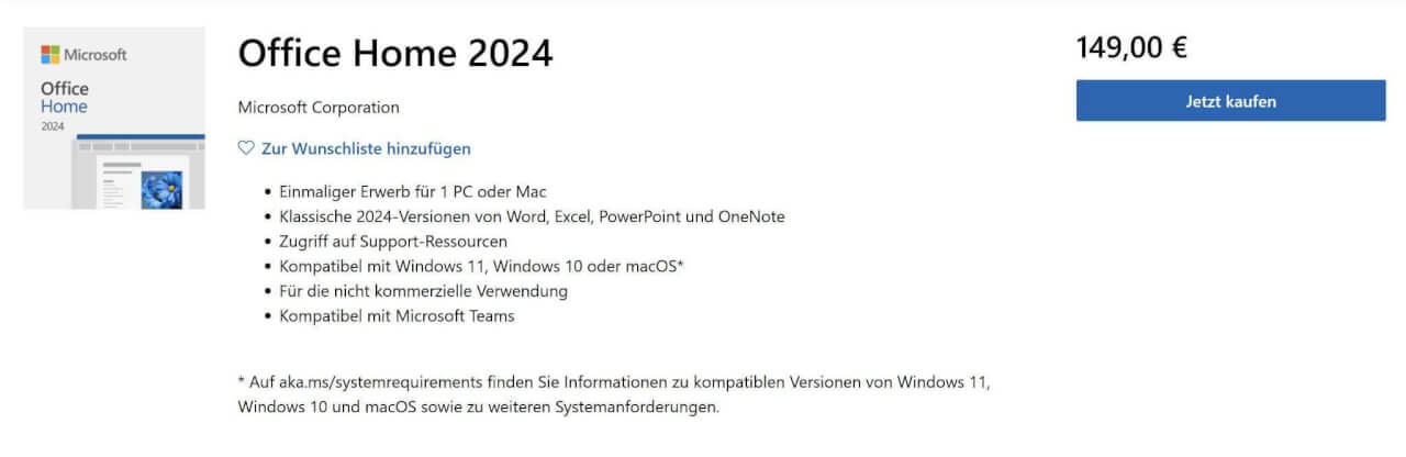 Office Home 2024 Kaufseite bei Microsoft