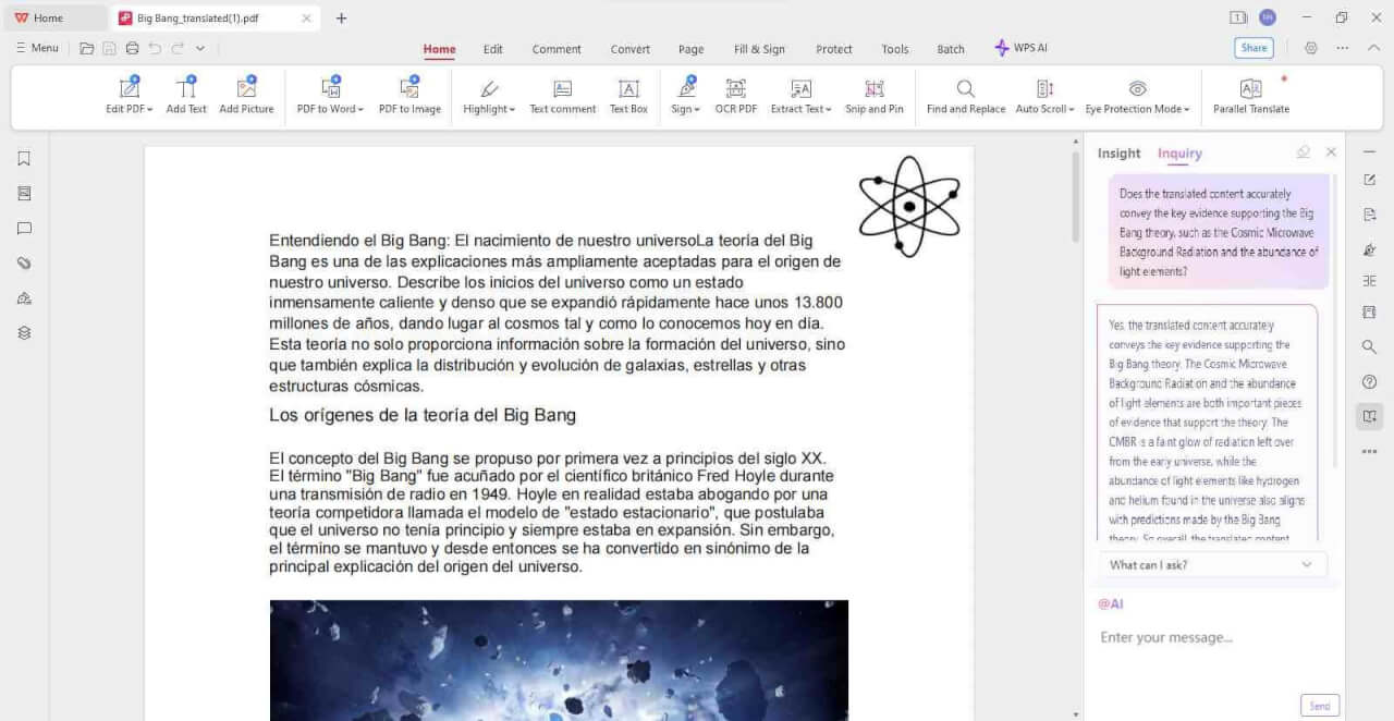WPS PDF Chat providing insights on a translated document