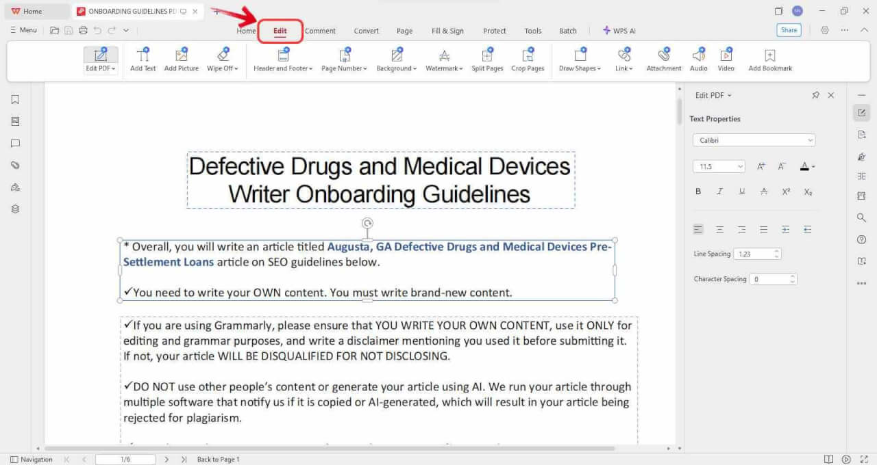 A WPS PDF szerkesztő lapja
