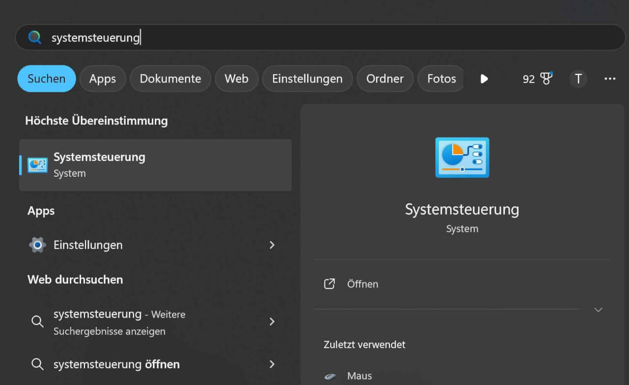 Suche nach Systemsteuerung