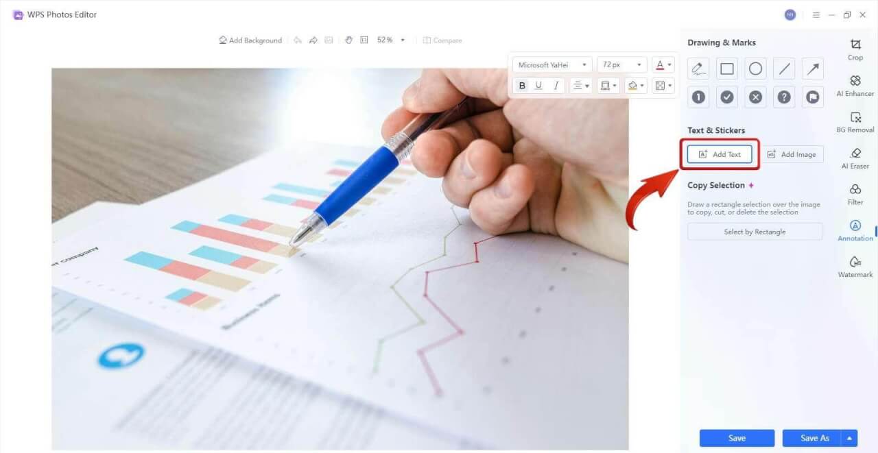 Редактор фотографий WPS Добавить текст на изображения для Spreadsheet