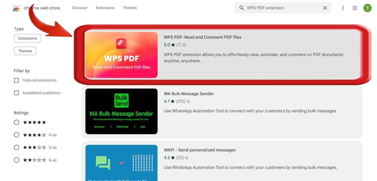 Search WPS PDF Extension in Chrome Webstore