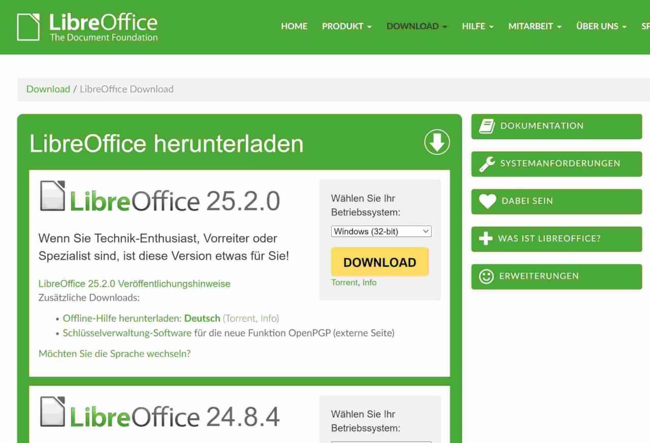 Libre Office Versionen