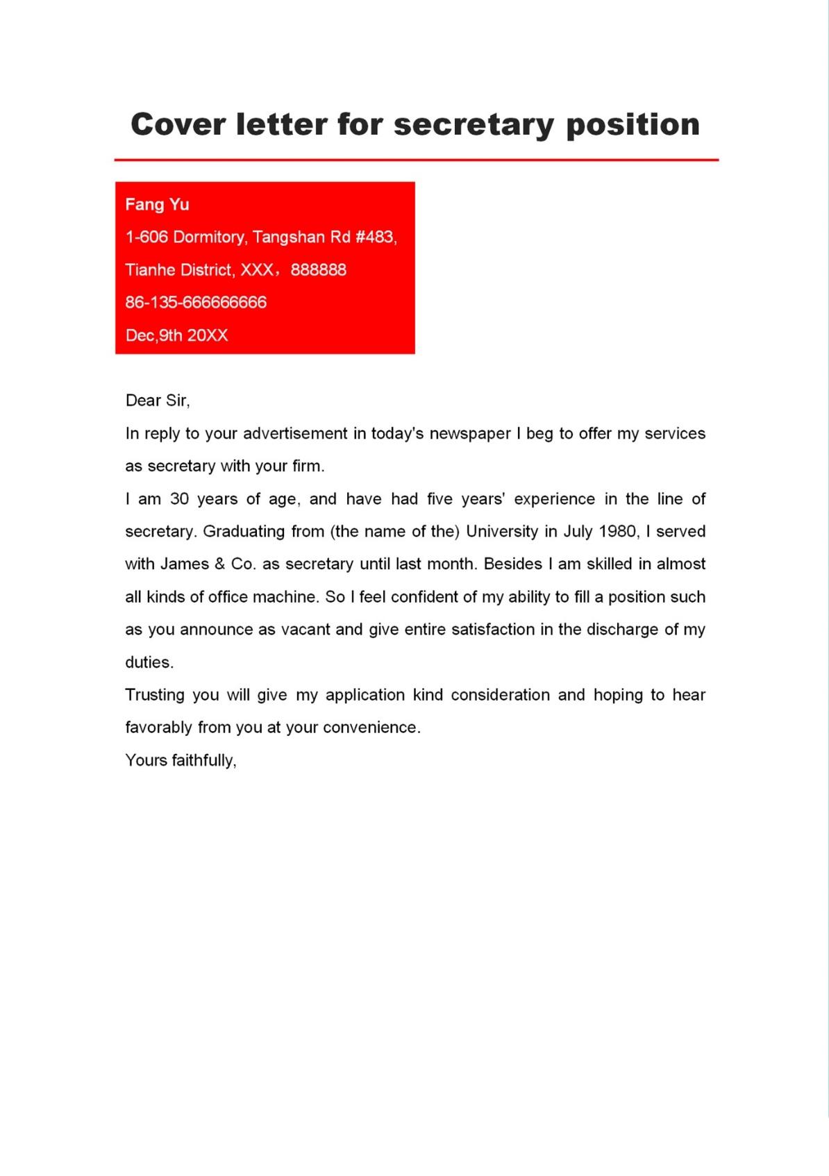 Secretarial Cover Letter Secretary Cover Letter Example, Reception,