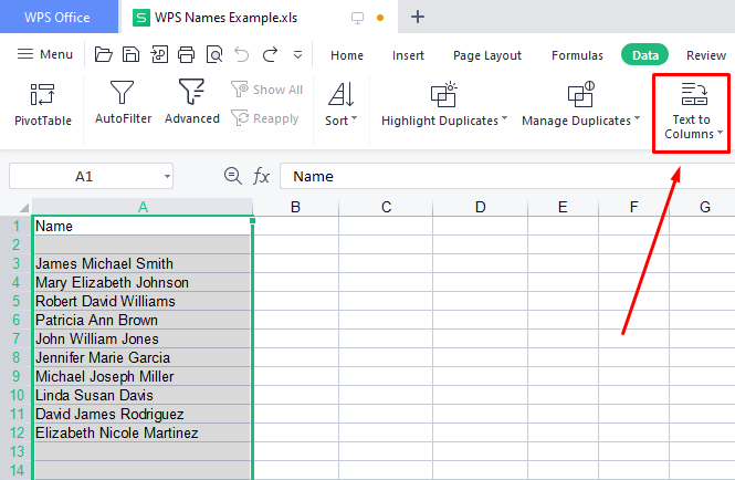 WPS Text to Columns feature WPS Text to Columns feature