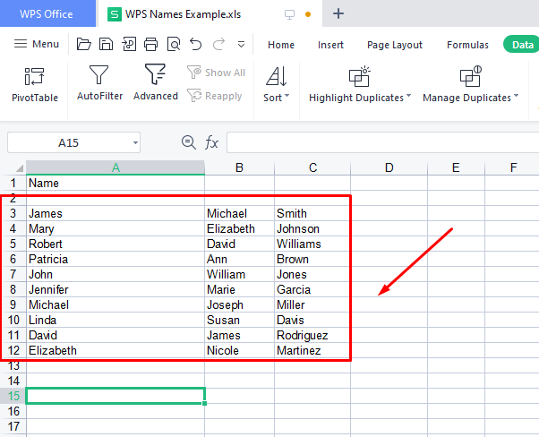 separated names on spreadsheet separated names on spreadsheet