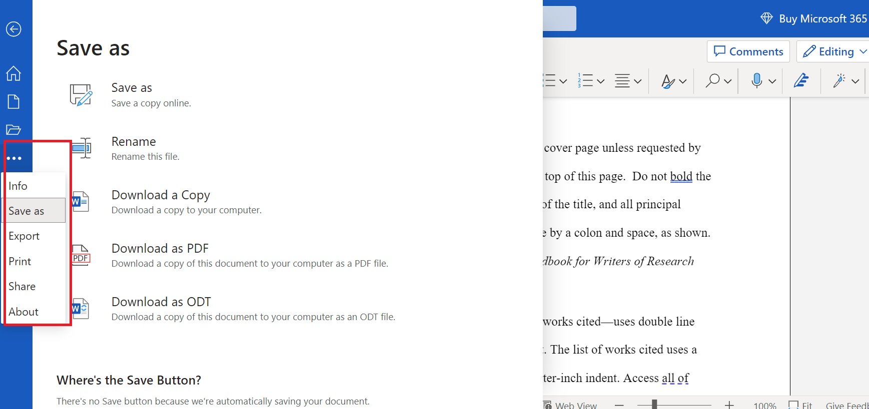 파일 메뉴의 옵션들